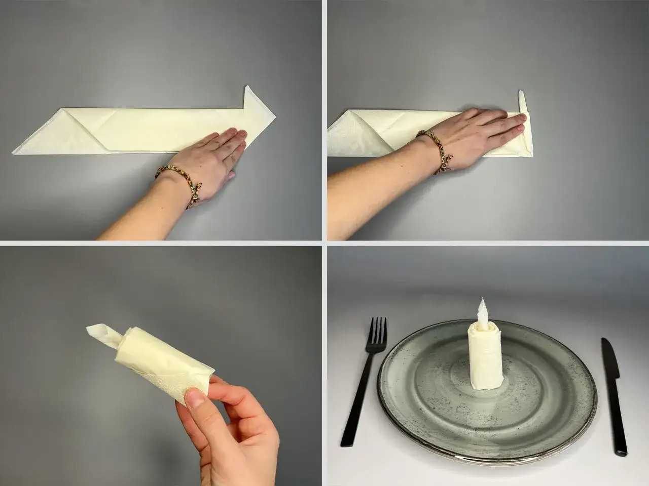 &Eacute;tapes pour un pliage serviette bougie original. Une main fa&ccedil;onne la serviette pour cr&eacute;er la flamme. La bougie est pr&ecirc;te sur une assiette.
