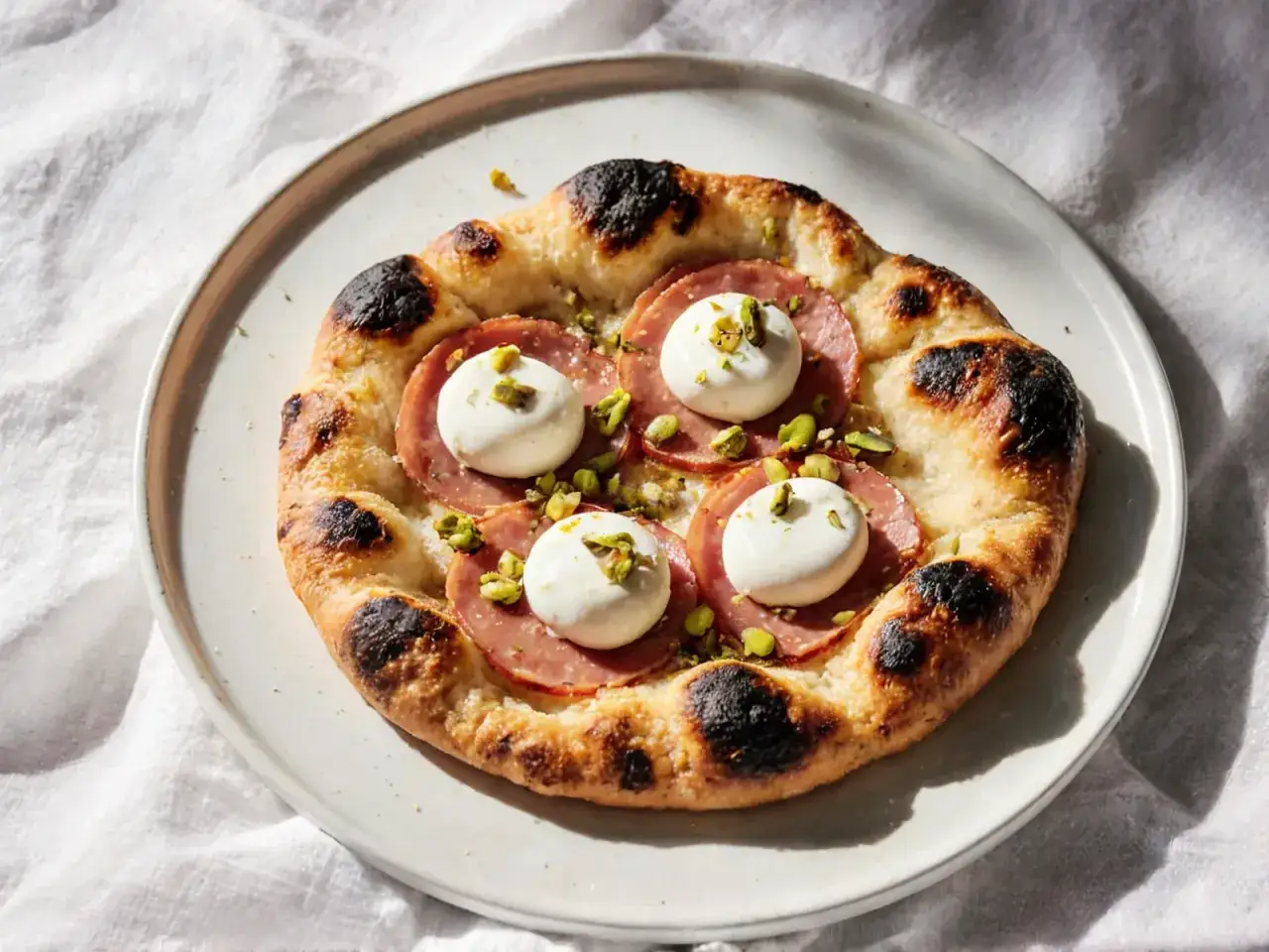 Pinsa z salami, mozzarellą i pistacjami. To pyszne danie, które warto spróbować, jeśli zastanawiasz się, co to jest pinsa.