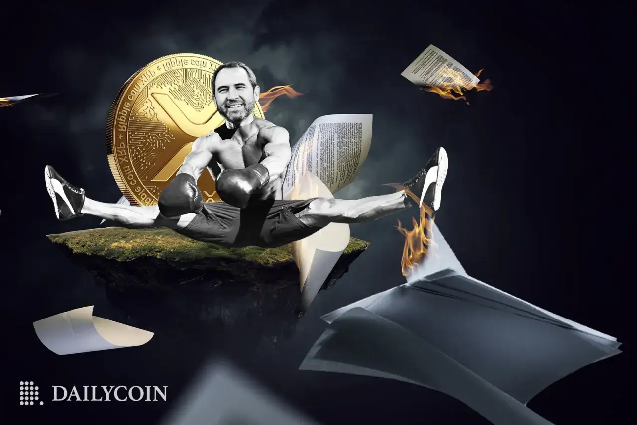 Brad Garlinghouse w szpagacie, w rękawicach bokserskich, obok monety XRP i płonących dokument&oacute;w.