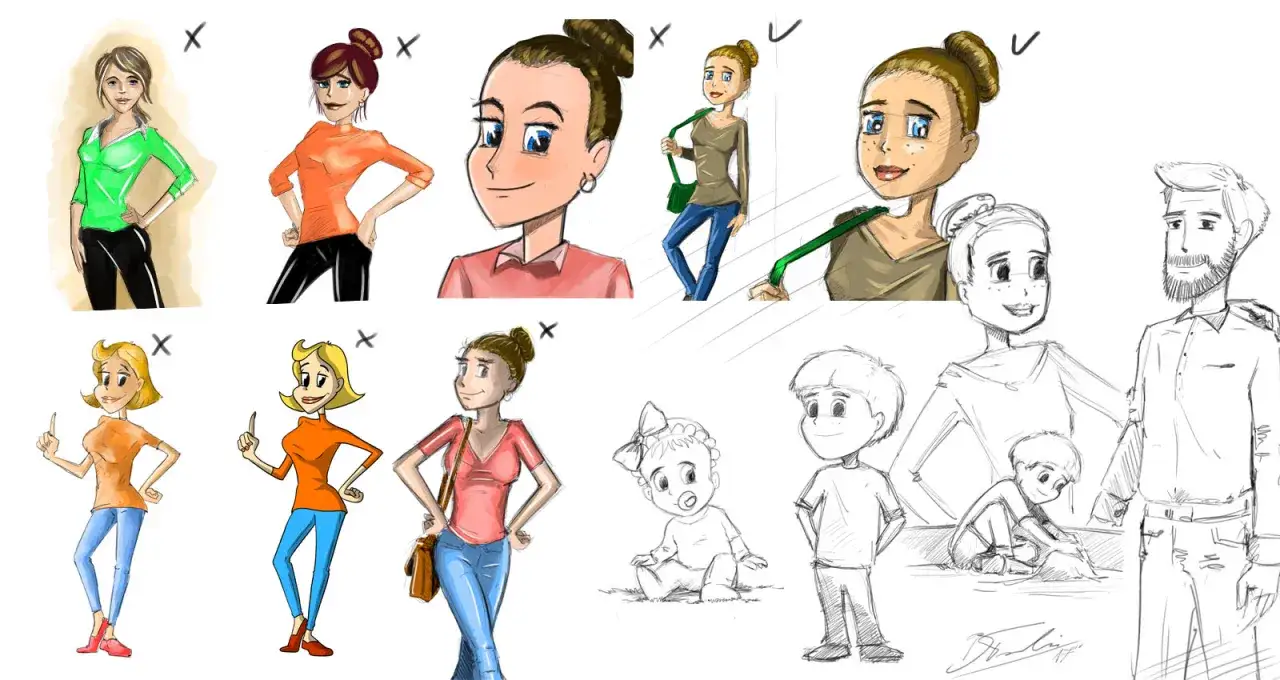 Zbiór szkiców postaci w stylu cartoon. Widać kobiety w różnych strojach, dzieci i mężczyznę.
