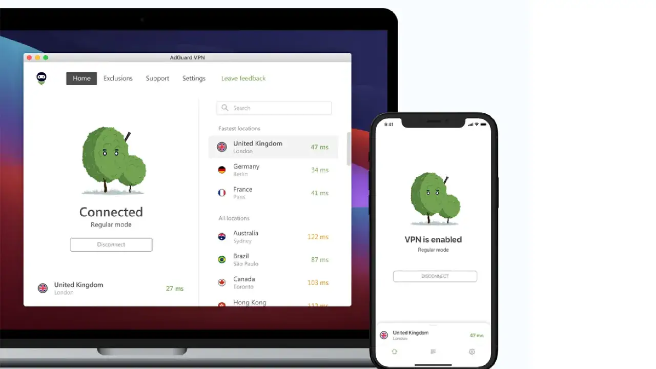 AdGuard VPN na laptopie i telefonie. Połączenie z serwerem w Londynie, szybkie i bezpieczne.
