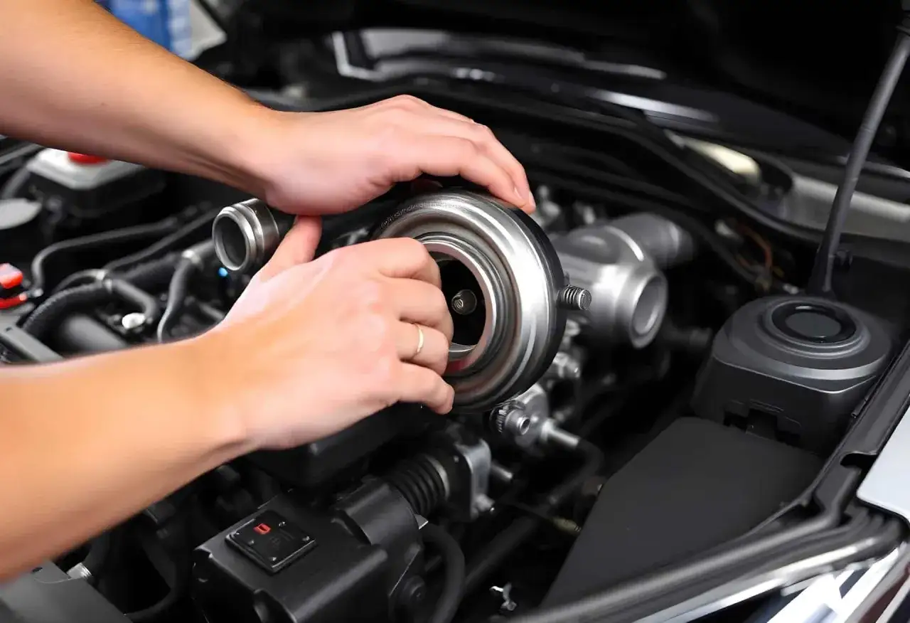 Mani che installano un turbo motore lucido, un componente chiave per aumentare la potenza.