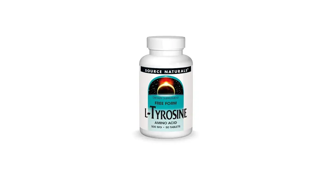 Flasche mit Source Naturals L-Tyrosin, einem Aminosäure-Nahrungsergänzungsmittel.
