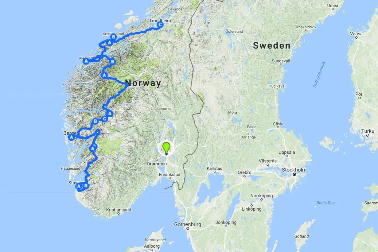 Carte d'un road trip scandinavie 2 semaines, traversant la Norvège de Stavanger à Trondheim, puis longeant la côte suédoise.