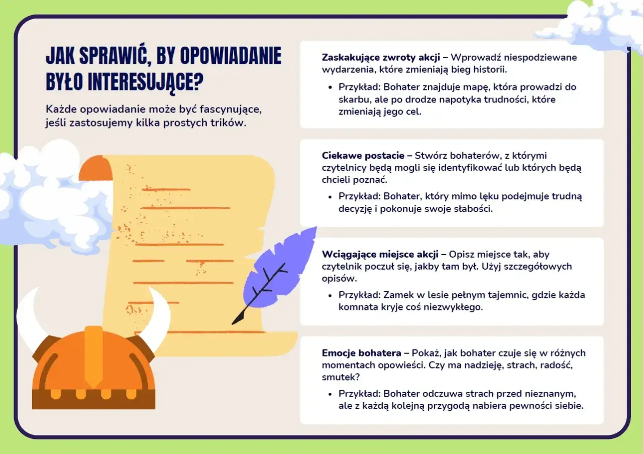 Jak się pisze opowiadanie? Wskazówki: zaskakujące zwroty akcji, ciekawe postacie, wciągające miejsca akcji i emocje bohatera.