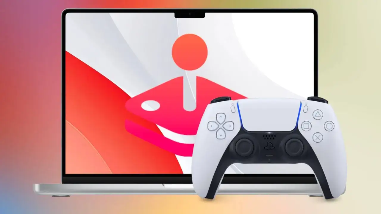 Biały kontroler PlayStation przed nowoczesnym MacBookiem z kolorowym tłem. Idealne do grania w gry na MacBooku.