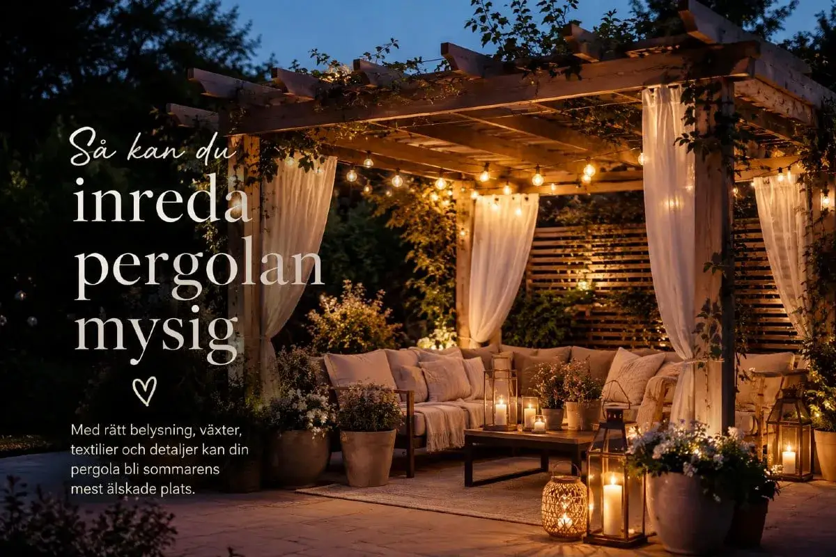 Mysig altan inspiration: en pergola med draperier, ljusslingor och bekväma sittplatser skapar en inbjudande oas.