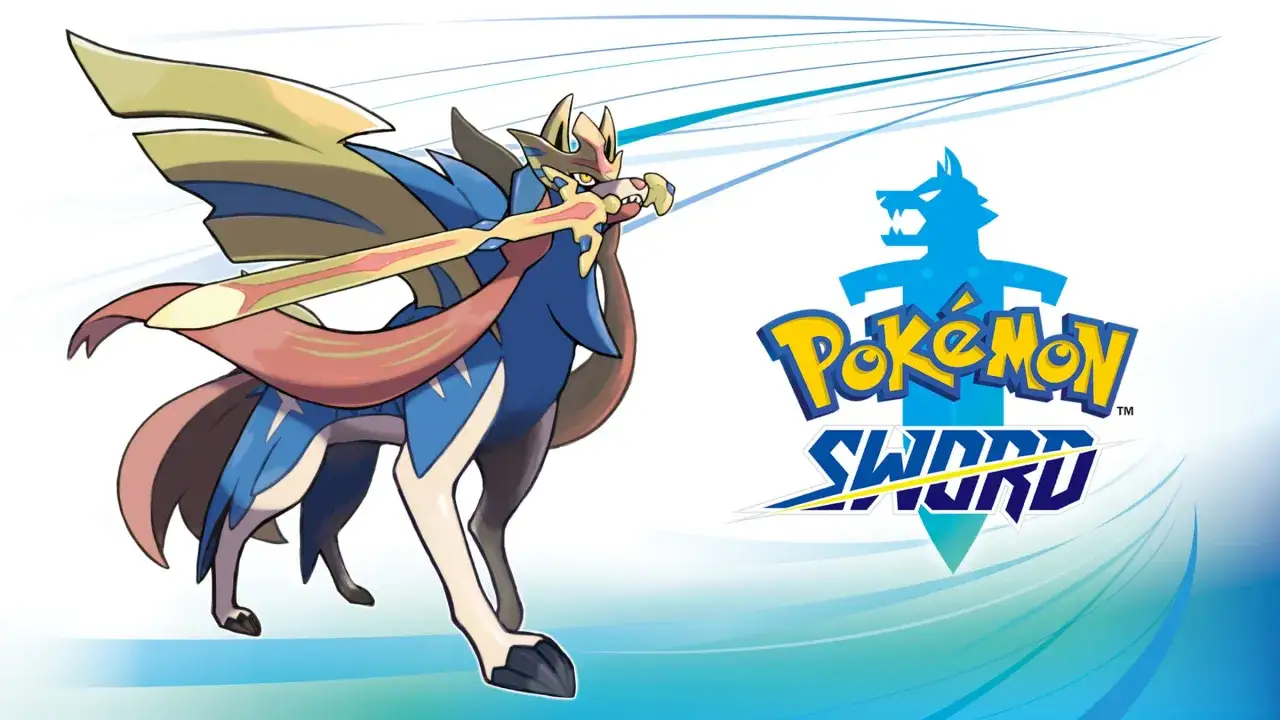 Zacian, el Pokémon legendario de la 8ª generación, empuña su espada. Junto al logo de Pokémon Espada.