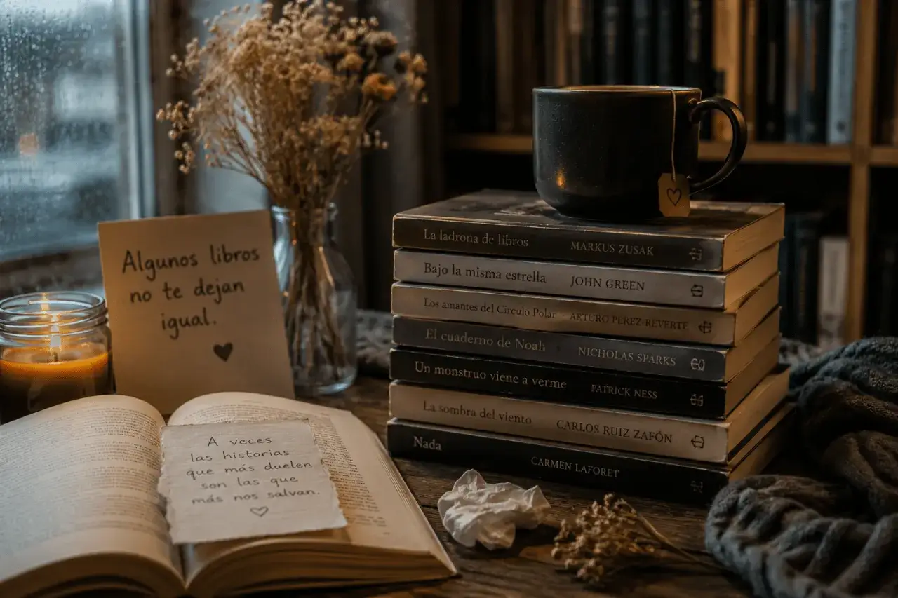 Une tasse de thé sur une pile de livres, dont certains sont parmi les plus beaux livres d'amour. Une bougie allumée et des fleurs séchées complètent la scène.