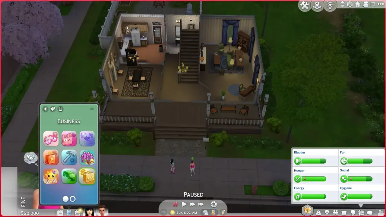 Gra Sims 4, widok z góry na dom i jego otoczenie. Na ekranie widoczny interfejs gry z opcjami kariery i potrzebami simów.