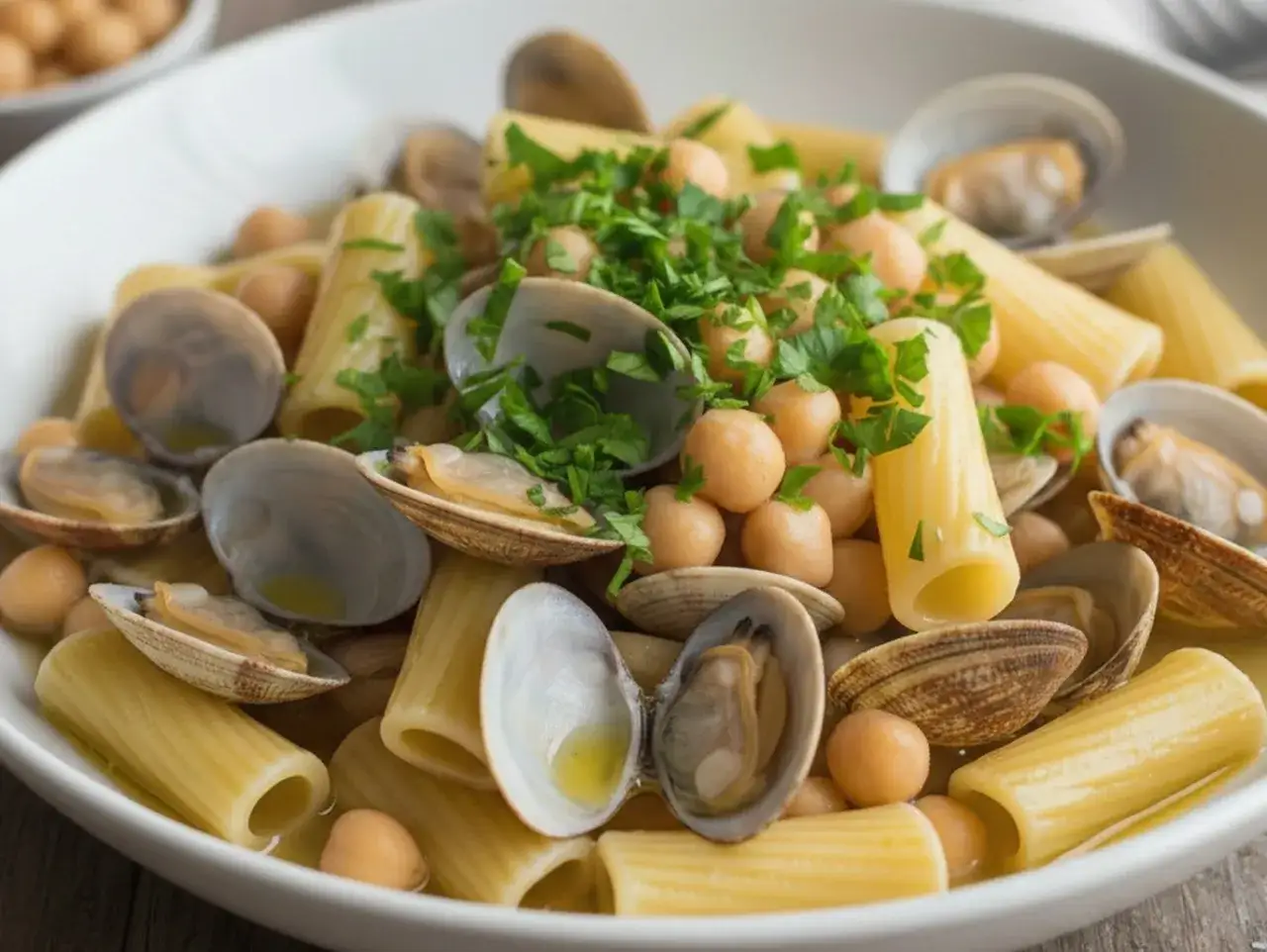 Un piatto invitante di ceci e vongole, con pasta rigata e prezzemolo fresco.