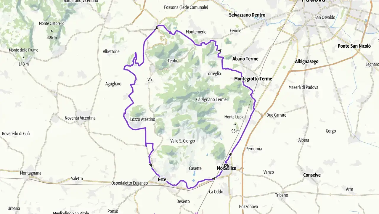 Percorso ciclabile veneto gravel gpx che attraversa colline e terme, passando per Este, Monselice e Abano Terme.