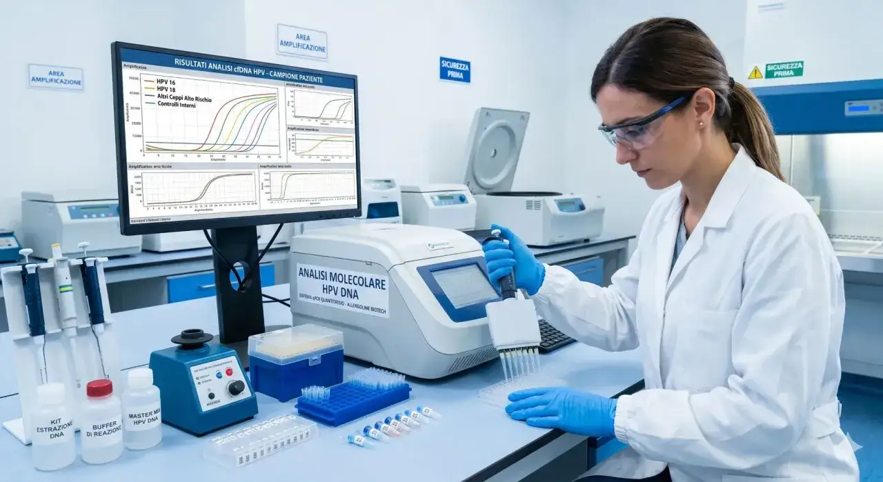 Ricercatrice esegue un test genetica medica per HPV DNA, analizzando campioni con un sistema qPCR.