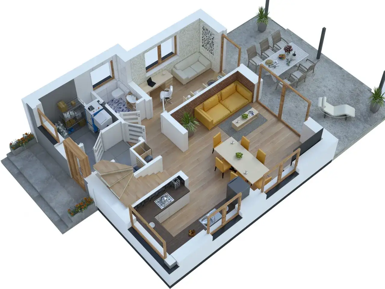 Projekt domu 70m2: widok z góry na salon z żółtą kanapą, jadalnię, kuchnię, łazienkę, pralnię i taras.