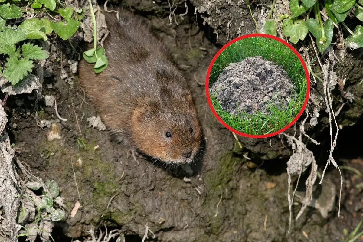 Karczownik wychyla się z nory, a obok widać kopiec ziemi, który świadczy o jego obecności.