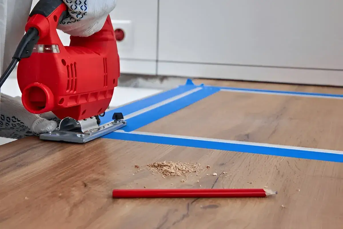 Mit einem Stichs&auml;ge wird die Arbeitsplatte zugeschnitten. S&auml;gesp&auml;ne und ein roter Bleistift liegen auf dem Holz.