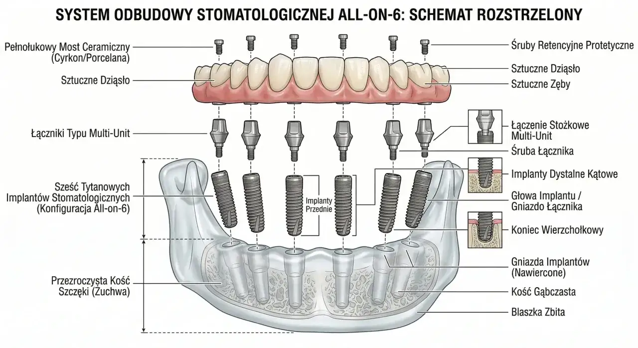 Schemat odbudowy stomatologicznej All-on-6: wstawienie zęba. Pokazuje implanty, łączniki i protezę mocowane do kości szczęki.