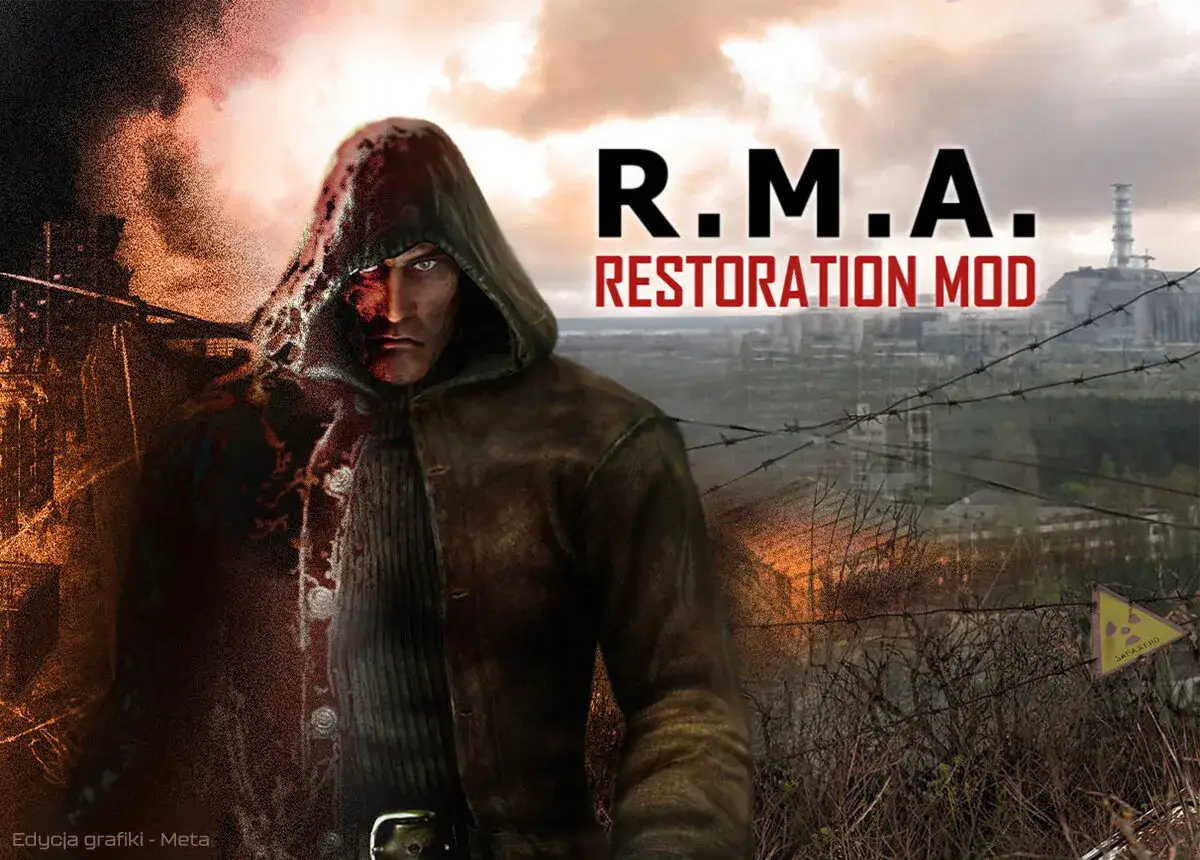 Mroczny stalker z Czarnobyla, z zakrwawionym kapturem, w tle Zony i elektrowni. To okładka moda R.M.A. Restoration Mod.
