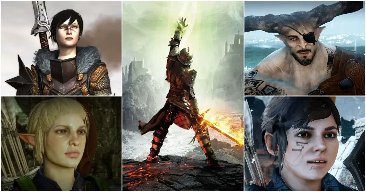 Postacie z Dragon Age: Inquisition, przedstawiające różne klasy i rasy.