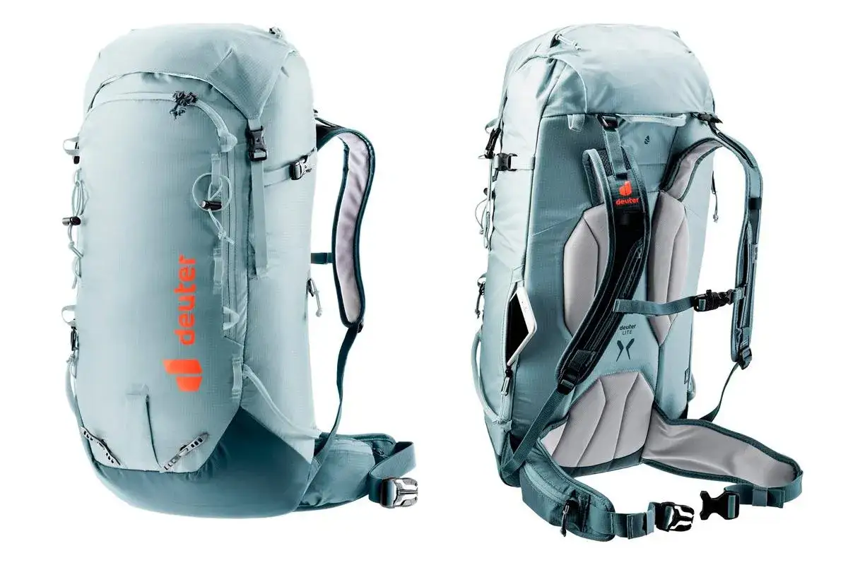 Sac &agrave; dos Deuter bleu p&acirc;le, id&eacute;al pour une femme. Son poids est optimis&eacute; pour le confort en randonn&eacute;e.