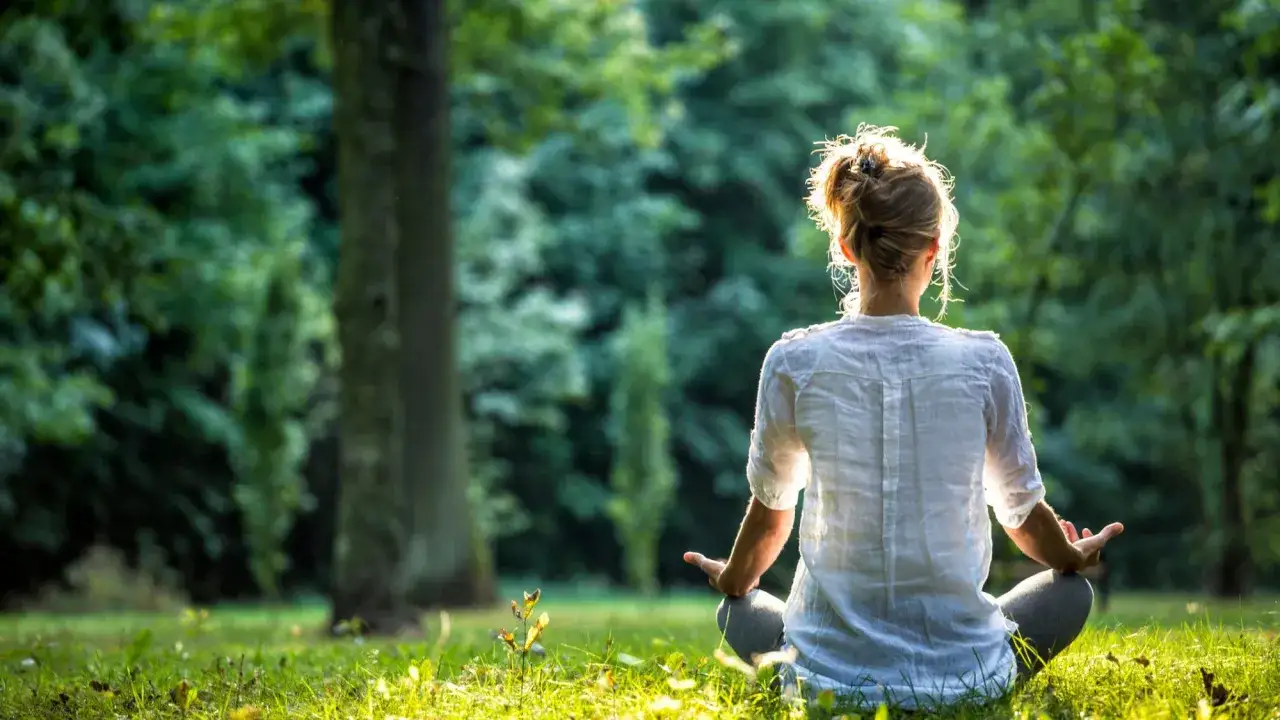 En person sitter i gräset i en skog och utövar liggande meditation. Solen lyser genom träden.