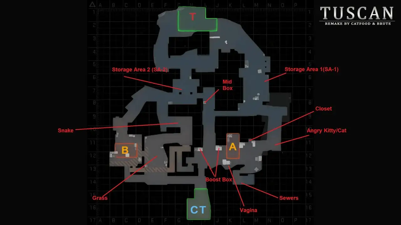 Mapa taktyczna Tuscan z CS:GO z zaznaczonymi obszarami: T, A, B, Mid Box, Storage Area, Snake, Grass, CT, Sewers, Vagina, Closet, Angry Kitty/Cat.