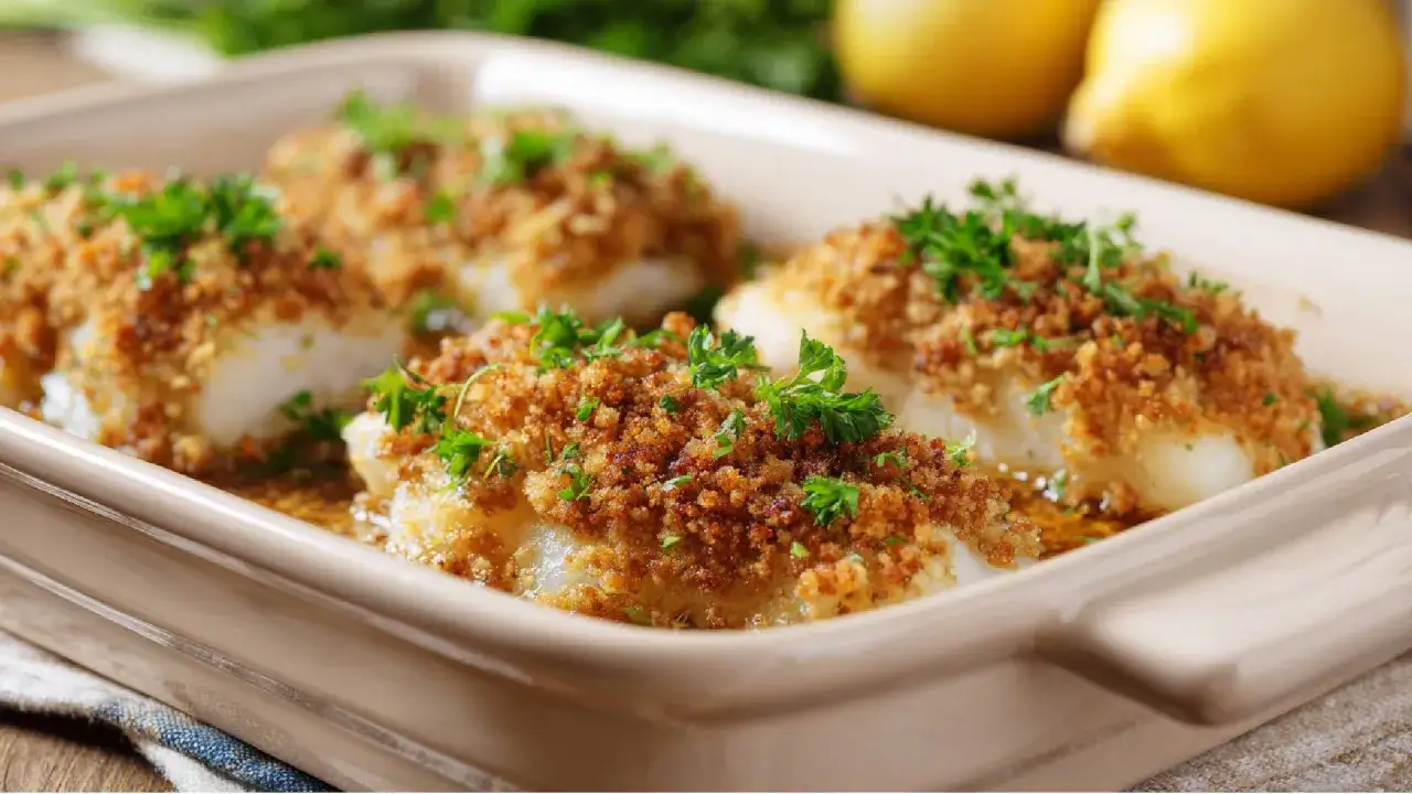Schlemmerfilet Bordelaise: zarte Fischfilets mit knuspriger Kruste und frischer Petersilie in einer Auflaufform.