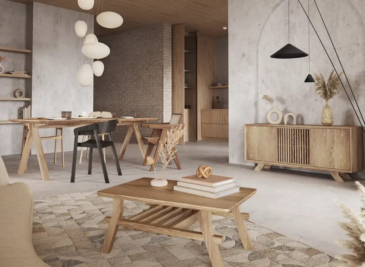 Minimalistyczny salon z drewnianymi meblami i betonowymi ścianami. Różnica między stylem skandynawskim a japandi w oprawie eventu jest subtelna, ale widoczna w detalach.