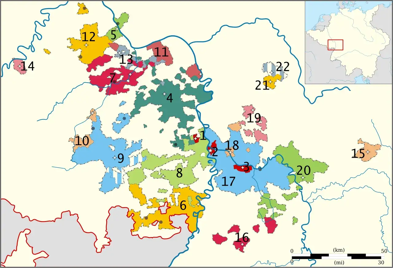 Karte zeigt die Gebiete der Kurpfalz, die sich über mehrere Regionen erstrecken.