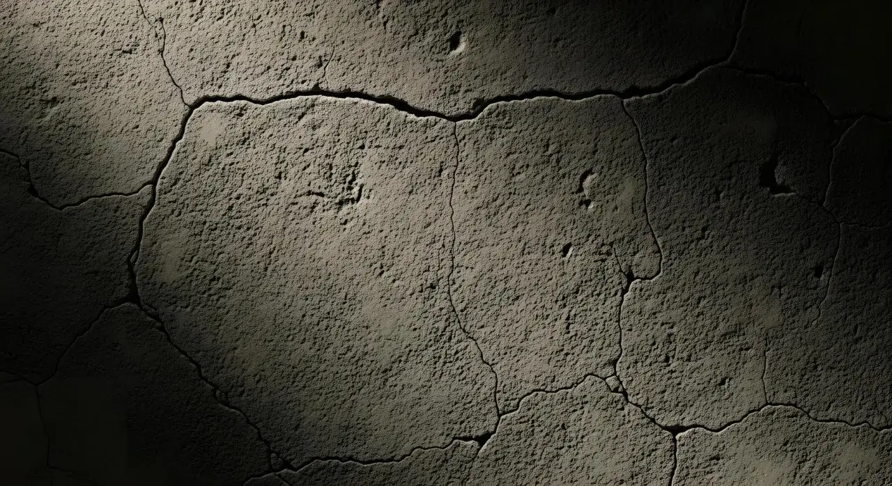Close-up texture photography of a cracked, rough concrete wall, illuminated by dramatic lighting that emphasizes its gritty surface and deep fissures.
