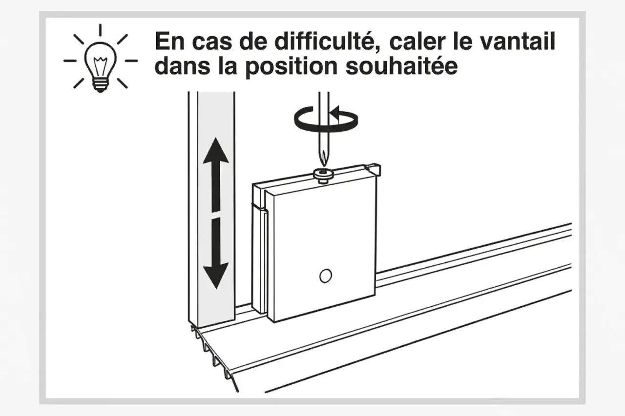 Instruction pour enlever porte coulissante sur rail : caler le vantail pour faciliter le retrait.