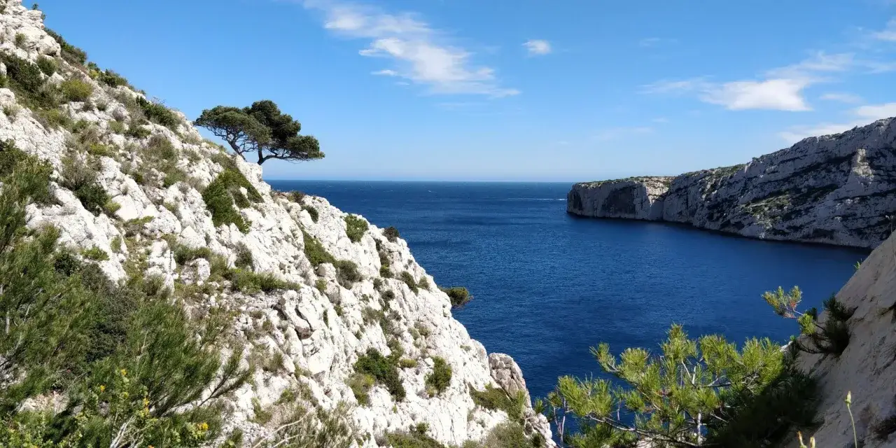 Vue sur la calanque de Sormiou, un itinéraire de randonnée menant à ce paysage méditerranéen spectaculaire. Falaises blanches, mer bleue et végétation typique.