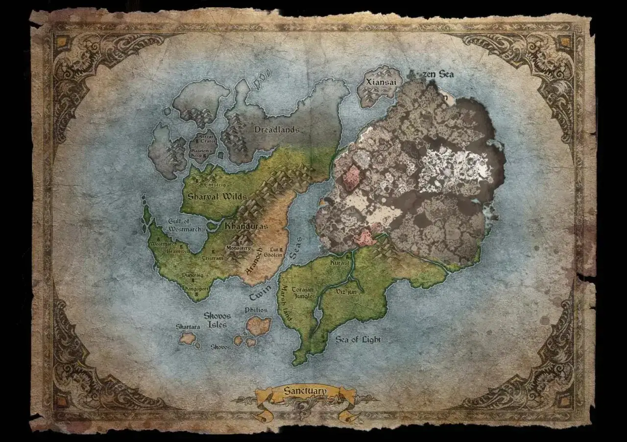 Mapa świata Sanctuary z gry Diablo 4. Poznaj regiony i lokacje, które odkryjesz w kolejnych aktach gry.