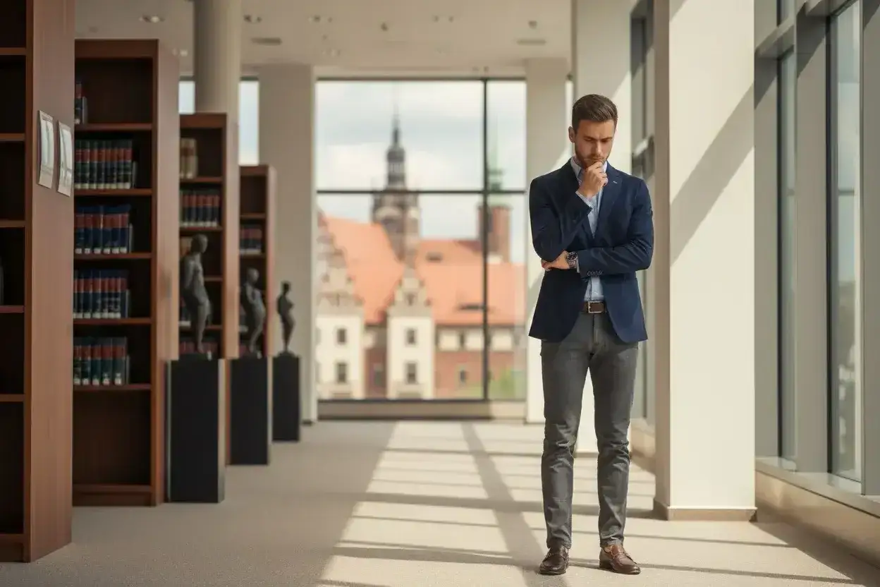 Młody mężczyzna w garniturze zastanawia się nad przyszłością, siedząc w bibliotece, która przypomina mu o jego studiach prawniczych.