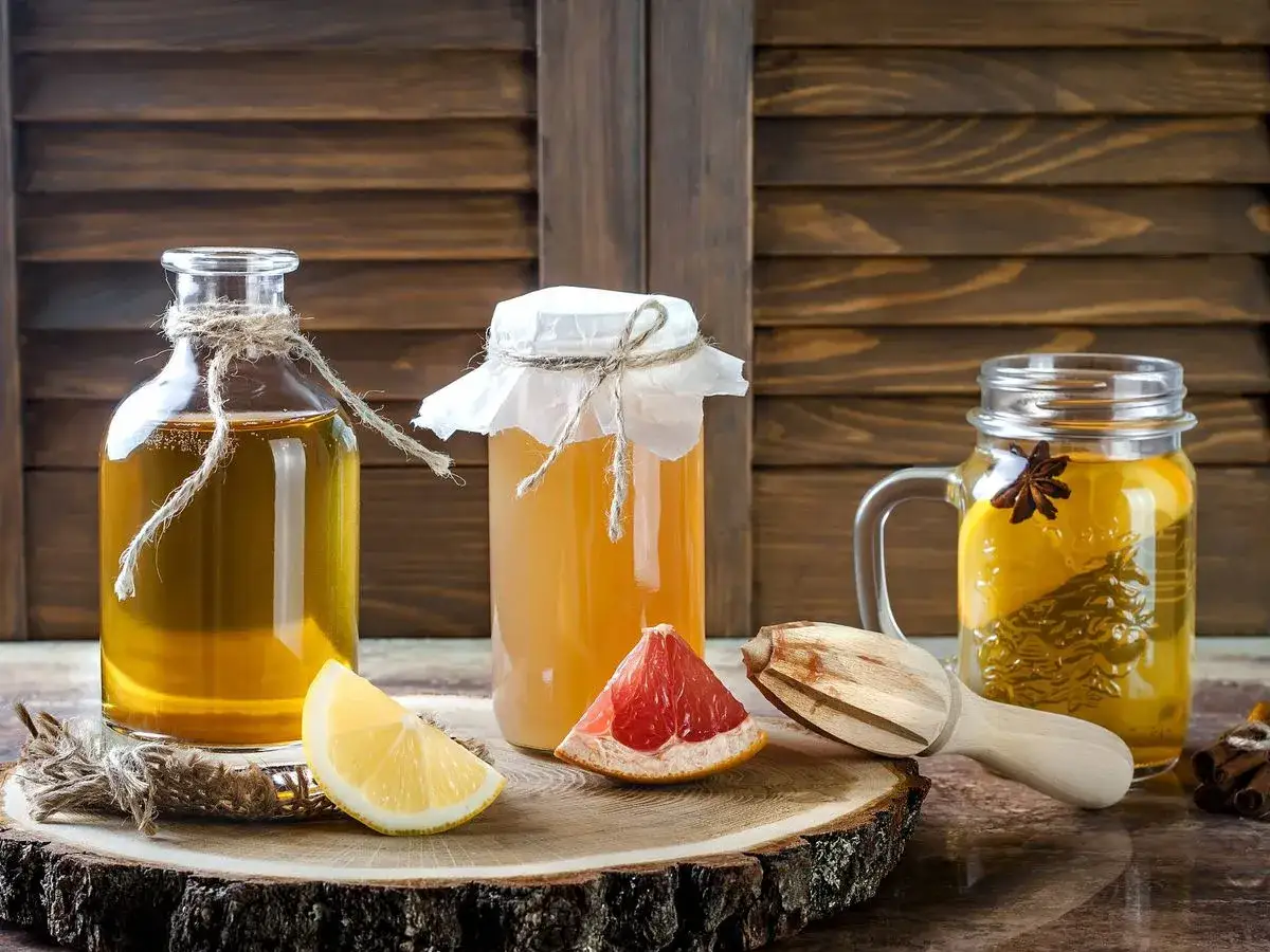 Bebidas fermentadas en frascos, limón y pomelo. El kéfir es bueno para la digestión y el sistema inmunológico.