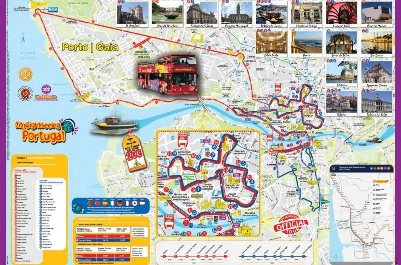 Karte von Porto mit Sightseeing-Bus-Route, Sehenswürdigkeiten & Porto Card-Erfahrung.
