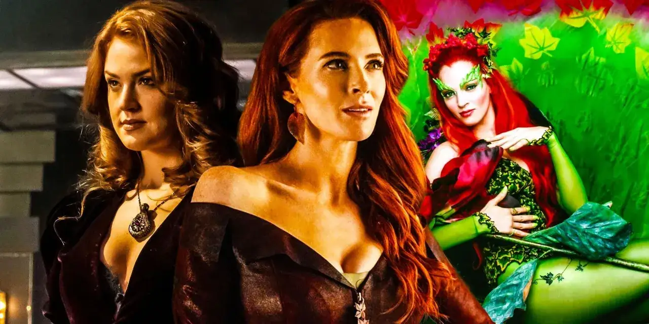 Trois femmes aux cheveux roux, dont une en Poison Ivy, actrice emblématique de DC Comics, posent ensemble.