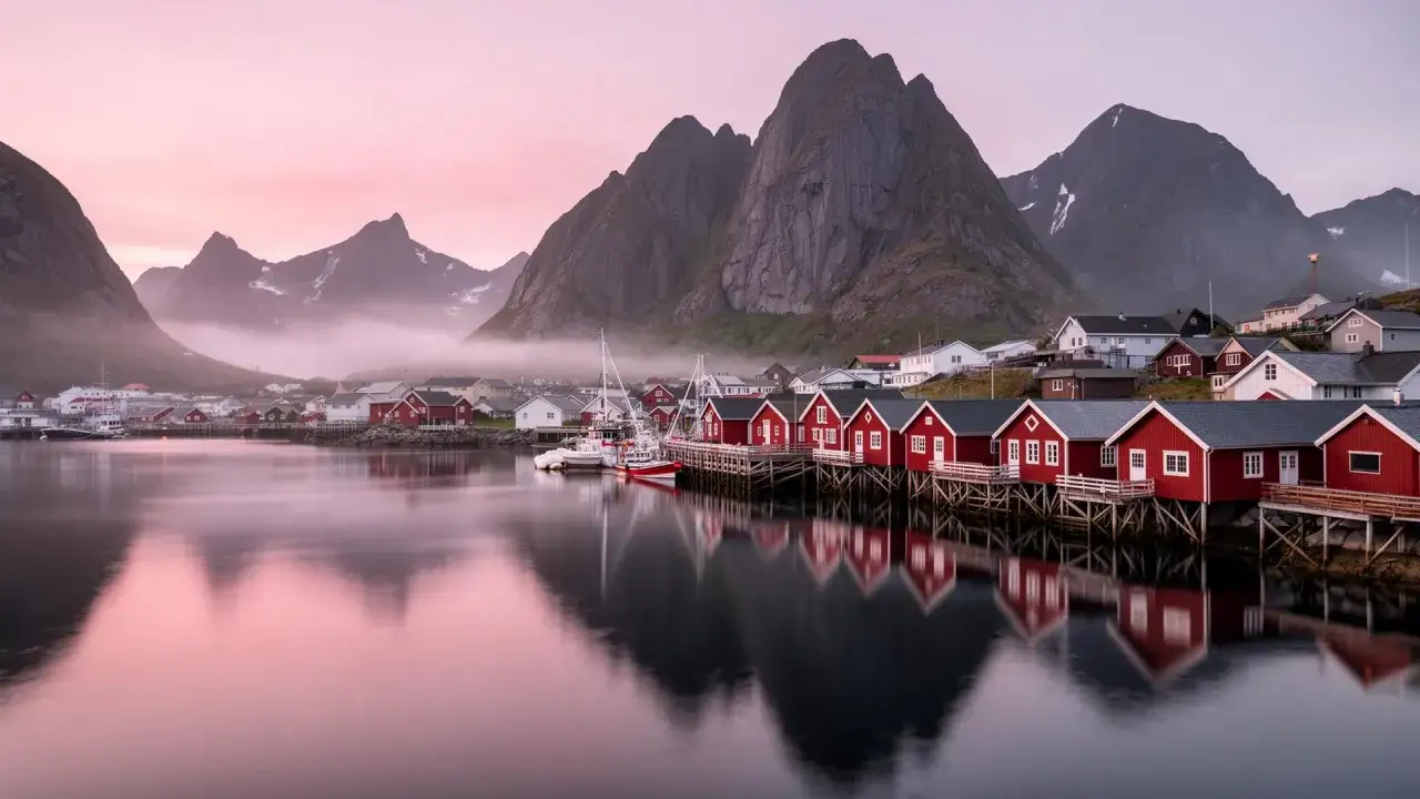 Drömmer mig bort till Lofoten, med röda fiskebodar som speglar sig i vattnet under majestätiska berg. En perfekt plats att åka till.