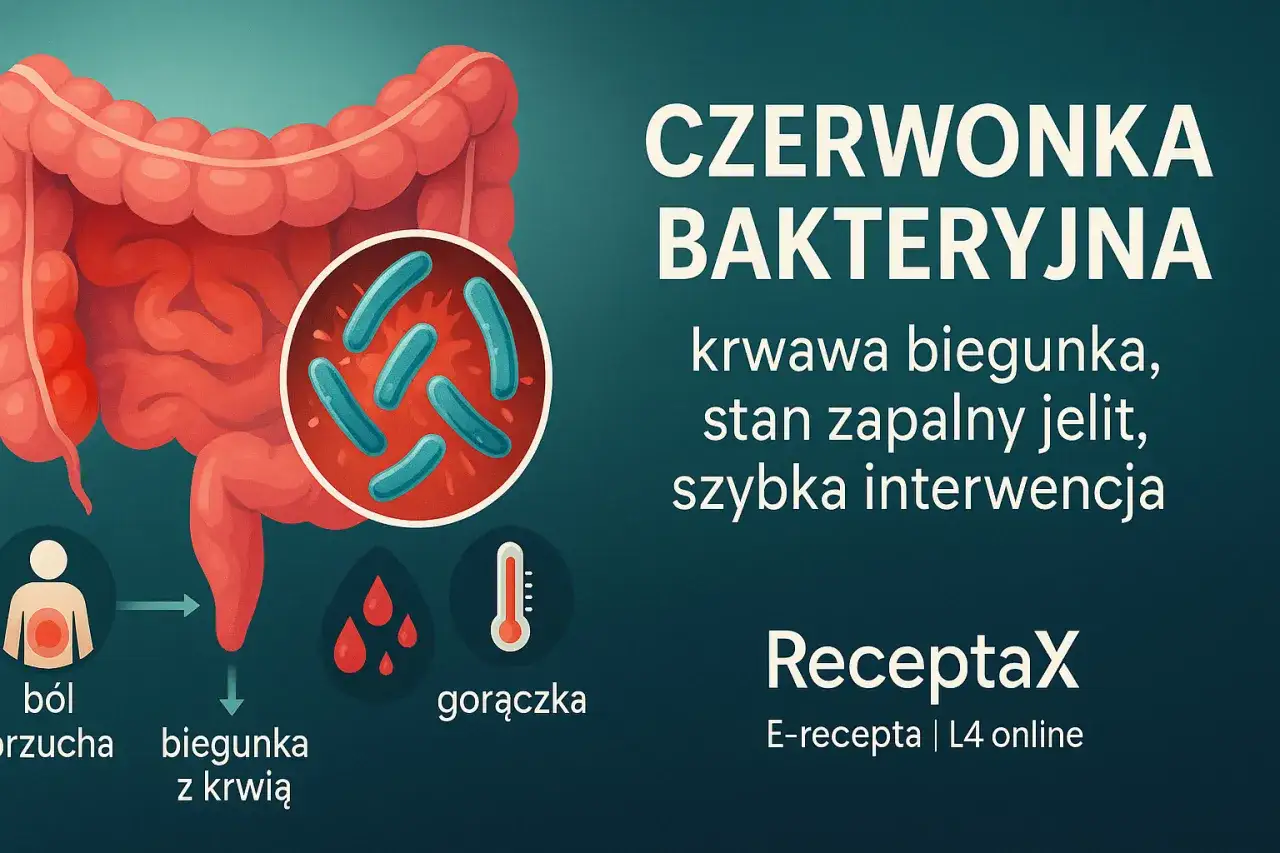 Grafika przedstawia jelita, bakterie i objawy czerwonki: ból brzucha, biegunkę z krwią i gorączkę. Szybka interwencja jest kluczowa.