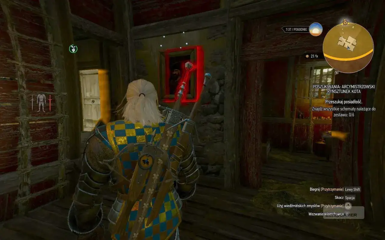 Geralt w zbroi poszukuje schematów do arcymistrzowskiego rynsztunku kota. W pomieszczeniu widać obraz w czerwonej ramie.