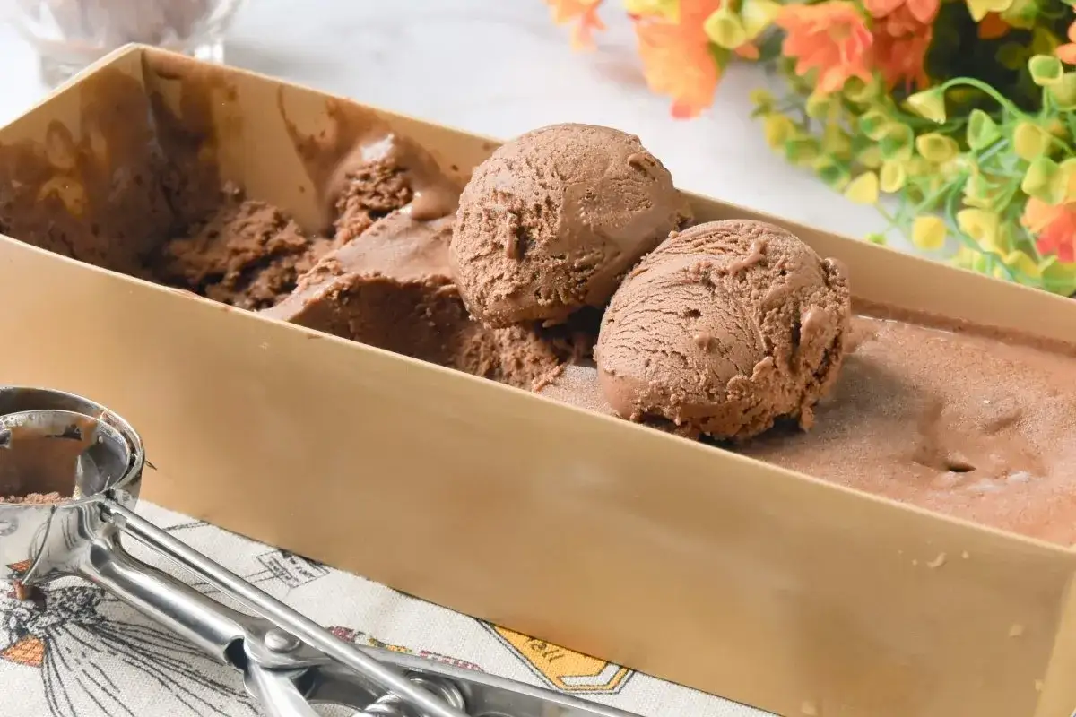Dos bolas de helado de chocolate casero reci&eacute;n servidas en un recipiente dorado. Una cuchara para helado descansa al lado.