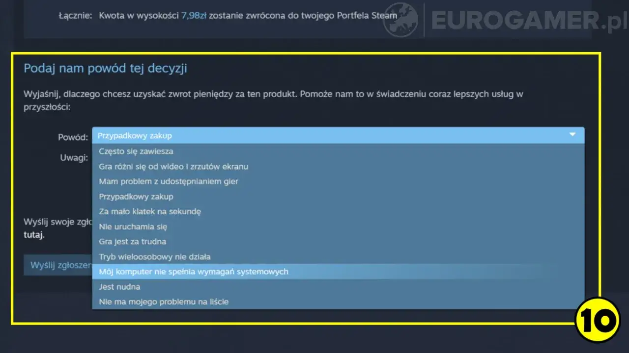 Ekran Steam z opcjami zwrotu gry. Wybieram 