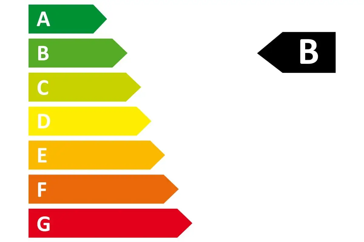 Barres de classement DPE, de A (vert) &agrave; G (rouge). Un indicateur noir en forme de fl&egrave;che pointe vers la lettre B. Id&eacute;al pour le calcul DPE chauffage bois.