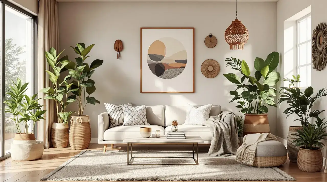 Przytulny salon boho z dużą ilością roślin, jasną sofą, plecionymi dodatkami i abstrakcyjnym obrazem na ścianie.