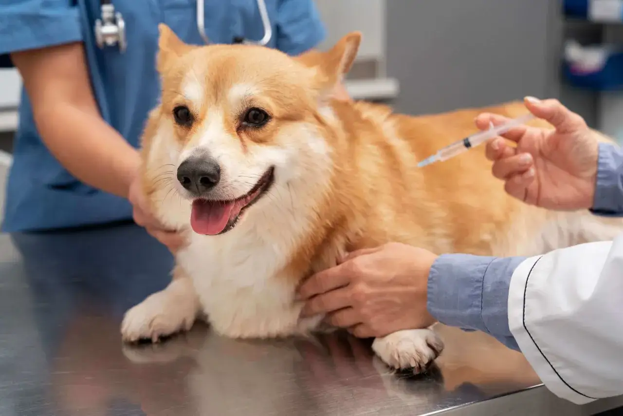 Uśmiechnięty corgi leży na stole weterynaryjnym, podczas gdy weterynarz podaje mu szczepionkę. To jego reakcja psa po szczepieniu na wściekliznę.