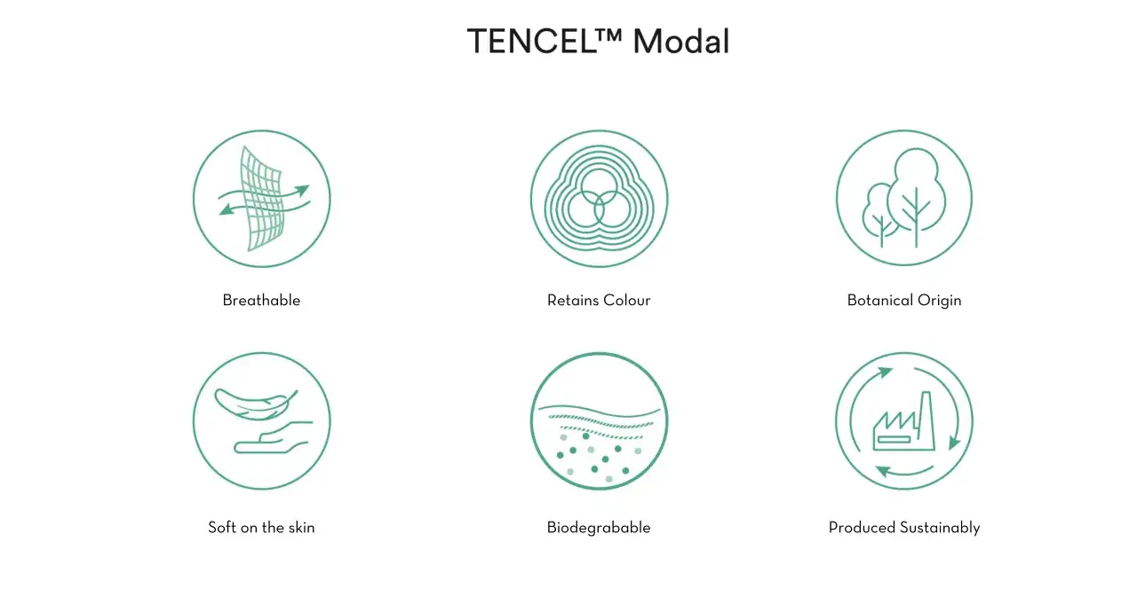 TENCEL™ Modal: atmungsaktiv, farbbeständig, pflanzlichen Ursprungs, hautfreundlich, biologisch abbaubar und nachhaltig produziert. Diese Modal Baumwolle ist ein Naturprodukt.