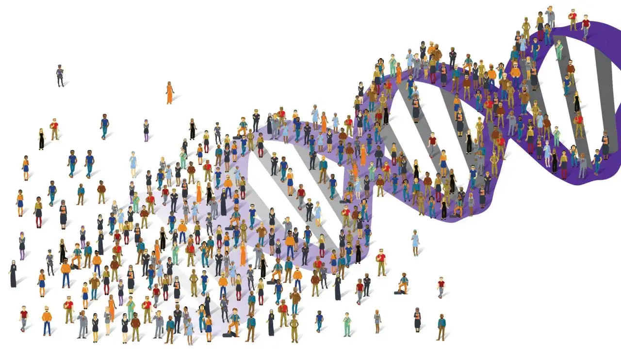 Ludzie tworzą spiralę DNA, symbolizując polimorfizm i różnorodność genetyczną.