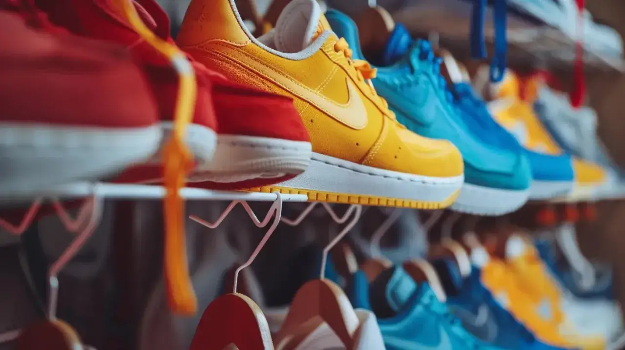 Rader av färgglada sneakers, redo att torka. Rött, gult och blått – perfekta för en solig dag.
