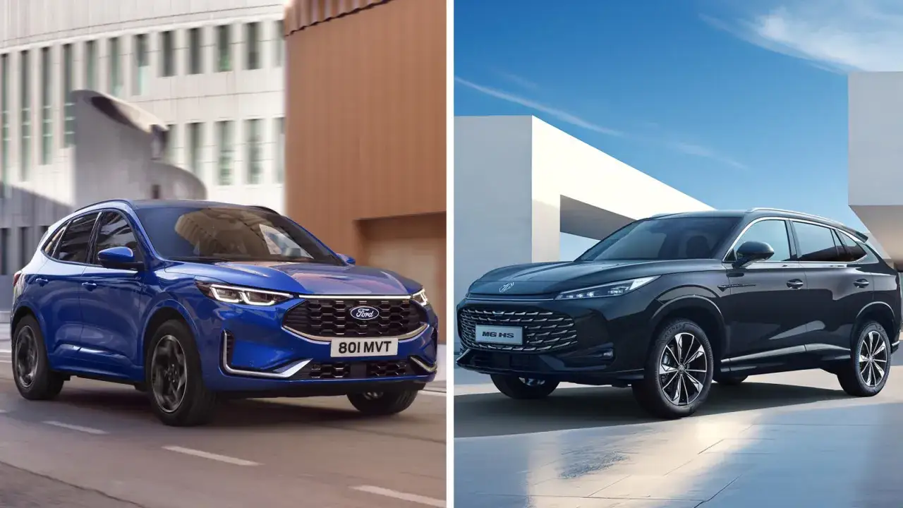 Niebieski Ford Kuga i ciemny SUV MG HS stoją obok siebie.