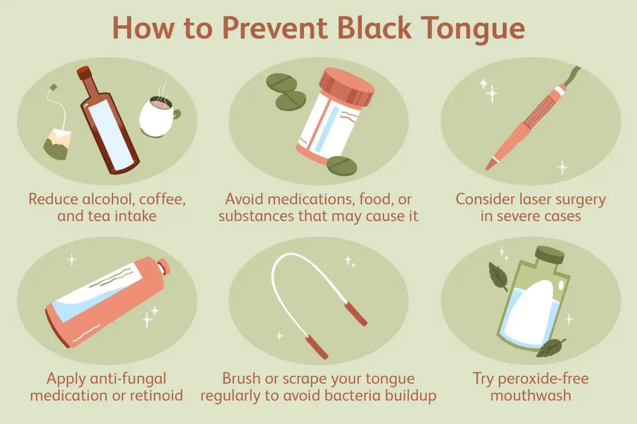 Consigli per prevenire la lingua nera: riduci alcol, caffè, tè; evita sostanze irritanti; usa farmaci antifungini; pulisci la lingua; prova collutori senza perossido.
